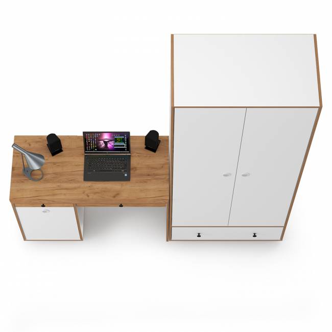 Письменный стол Вуди и платяной шкаф цвет белый премиум/дуб крафт золотой