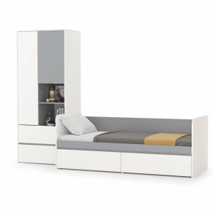 Детская кровать с ящиками и шкаф Торонто цвет белый шагрень/стальной серый
