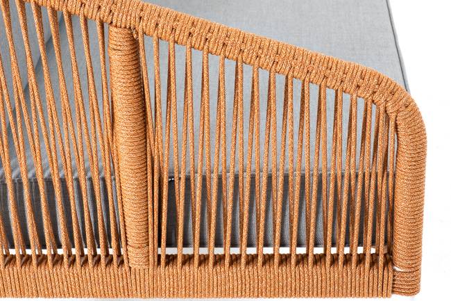 "Канны" диван 2-местный плетеный из роупа, каркас алюминий светло-серый (RAL7035) муар, роуп оранжевый меланж круглый, ткань светло-серая "Канны" диван 2-местный плетеный из роупа, каркас алюминий светло-серый (RAL7035) муар, роуп оранжевый меланж круглый, ткань светло-серая