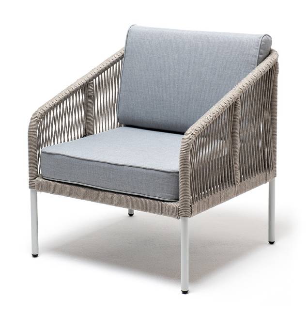 "Канны" кресло плетеное из роупа, каркас алюминий светло-серый (RAL7035) муар, роуп светло-серый круглый, ткань светло-серая "Канны" кресло плетеное из роупа, каркас алюминий светло-серый (RAL7035) муар, роуп светло-серый круглый, ткань светло-серая