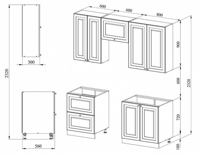 Кухня 2 х 2.32 м, массив сосны, без покраски
