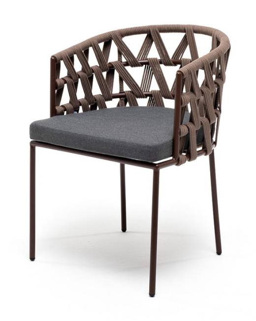 "Диего" стул плетеный из роупа, каркас из стали коричневый (RAL8016) муар, роуп коричневый круглый, ткань серая "Диего" стул плетеный из роупа, каркас из стали коричневый (RAL8016) муар, роуп коричневый круглый, ткань серая