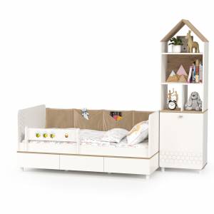 Кровать детская с тремя ящиками и открытый детский стеллаж Эйп цвет белый/дуб белый