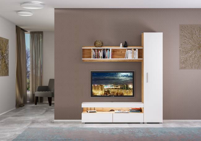 Стенка в гостиную Альба № 3 цвет дуб крафт золотой/белый премиум Стенка в гостиную Альба № 3 цвет дуб крафт золотой/белый премиум